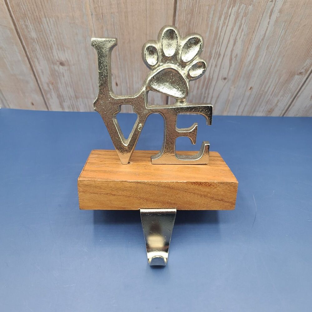 Dog Love Paw Print Wood Metal Handcrafted Christmas Stocking Holder Leash Pet